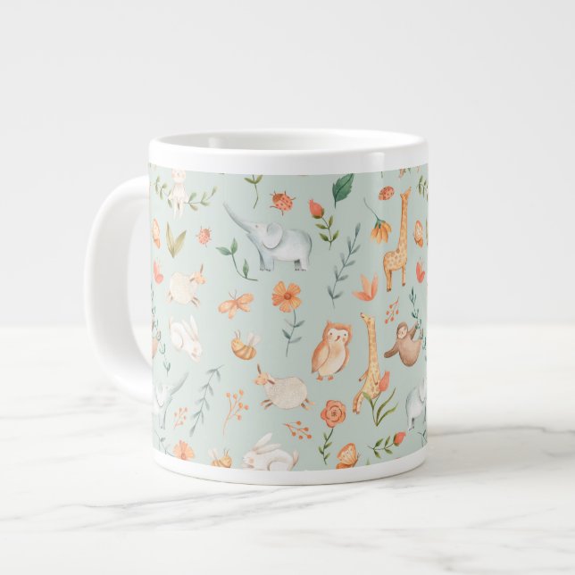 Cute Teal Baby Animal Pastel Pattern Large Coffee Mug (Front Left)