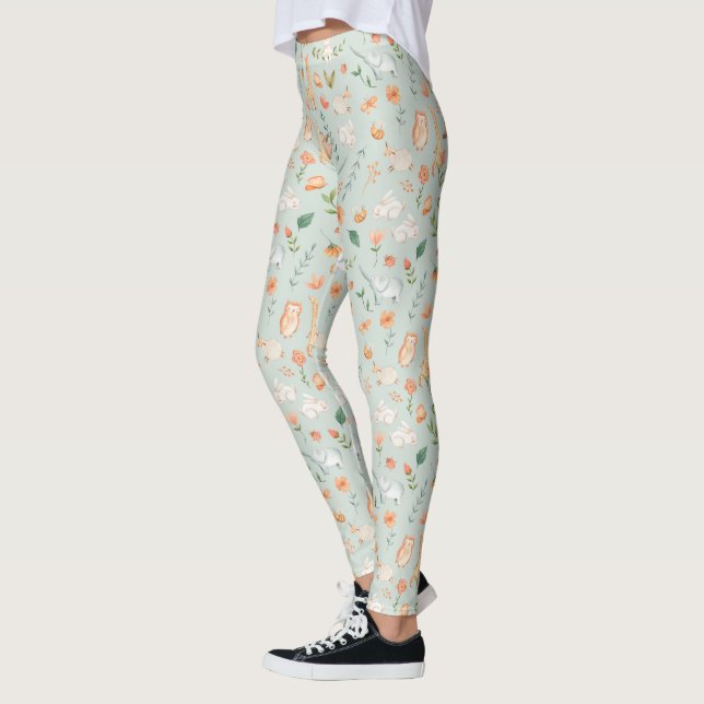 Cute Teal Baby Animal Pastel Pattern Leggings (Left)