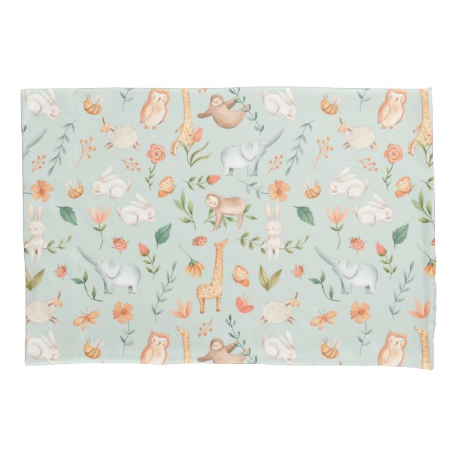 Cute Teal Baby Animal Pastel Pattern Pillowcase (Front)