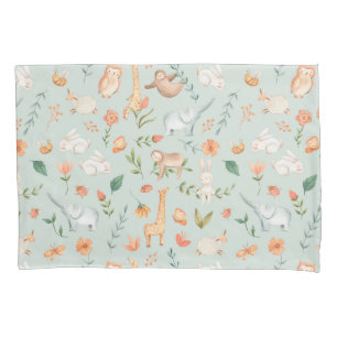 Cute Teal Baby Animal Pastel Pattern Pillowcase