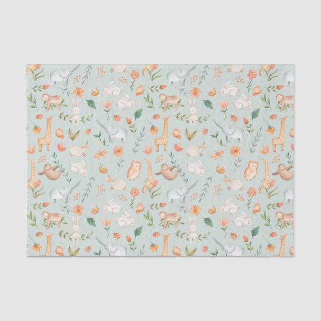 Cute Teal Baby Animal Pastel Pattern Tissue Paper (Front)