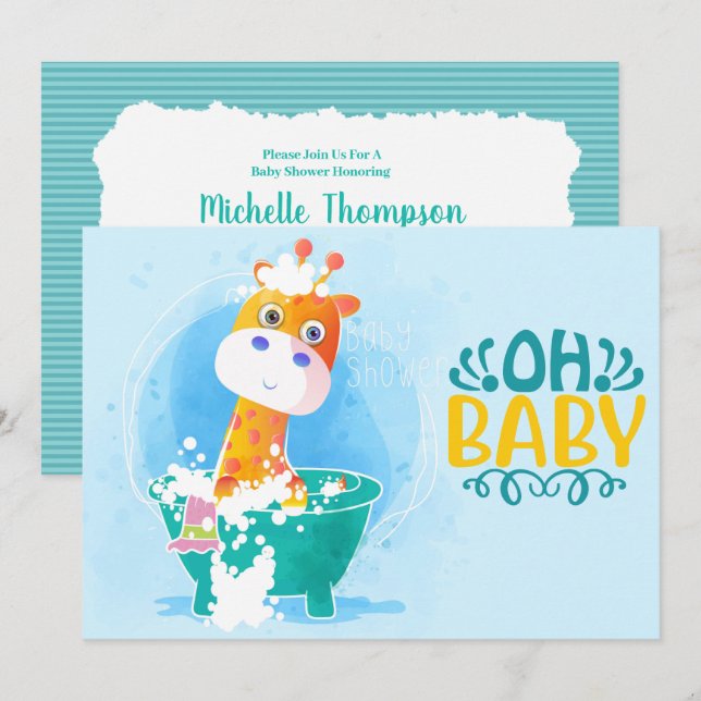 Cute Teal Bathtub Giraffe Baby Shower Invitation (Front/Back)