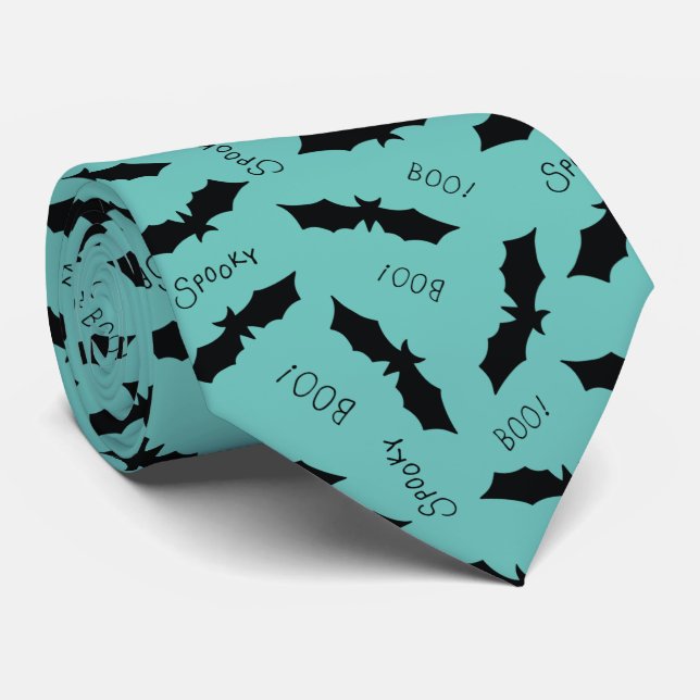 Cute Teal Bats Halloween Party Tie (Rolled)