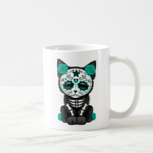 Cute Teal Blue Day of the Dead Kitten Cat Coffee Mug