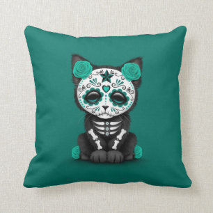 Cute Teal Blue Day of the Dead Kitten Cat Throw Pillow