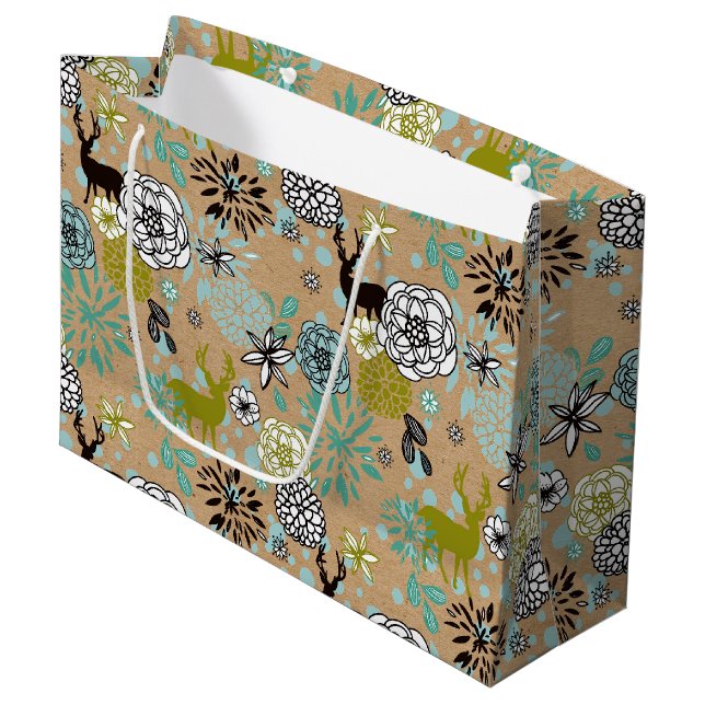Cute Teal Blue Green Floral And Deer Art Pattern Large Gift Bag (Front Angled)