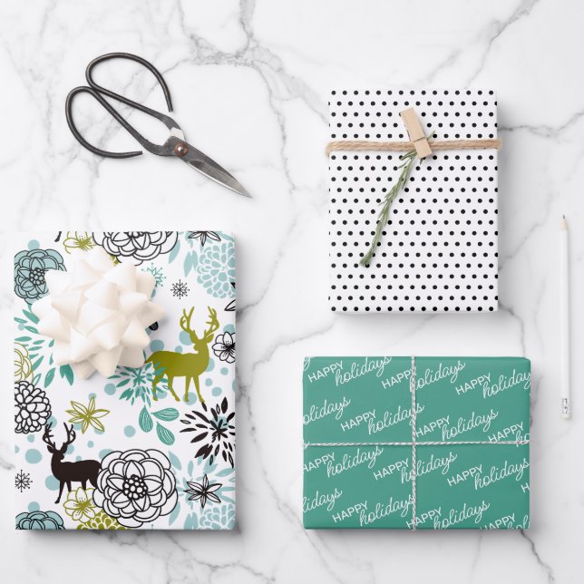 Cute Teal Blue Green Floral And Deer Art Pattern Wrapping Paper Sheet (Front)