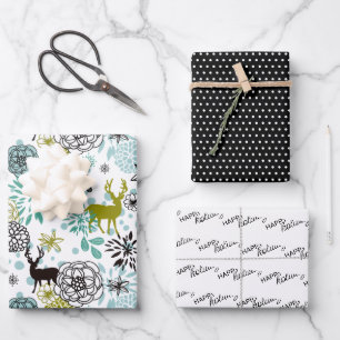 Cute Teal Blue Green Floral And Deer Art Pattern Wrapping Paper Sheet