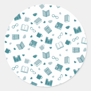 Cute Teal Book and Reading Pattern Classic Round Sticker