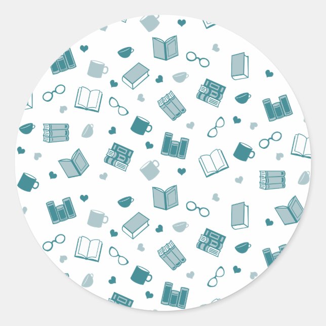 Cute Teal Book and Reading Pattern Classic Round Sticker (Front)