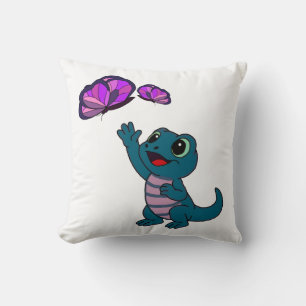 Cute Teal Cartoon Lizard Reaching for Butterflies Throw Pillow