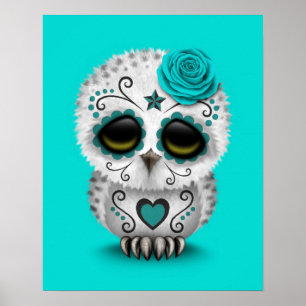 Cute Teal Day of the Dead Sugar Skull Owl Blue Poster