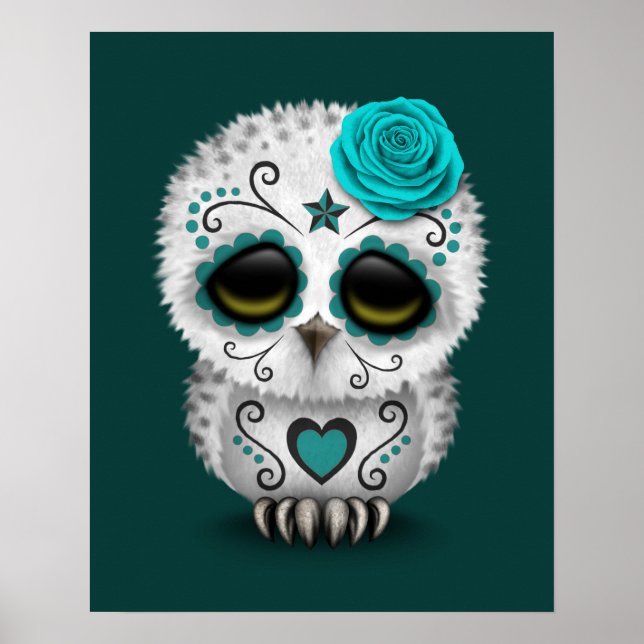 Cute Teal Day of the Dead Sugar Skull Owl Poster (Front)