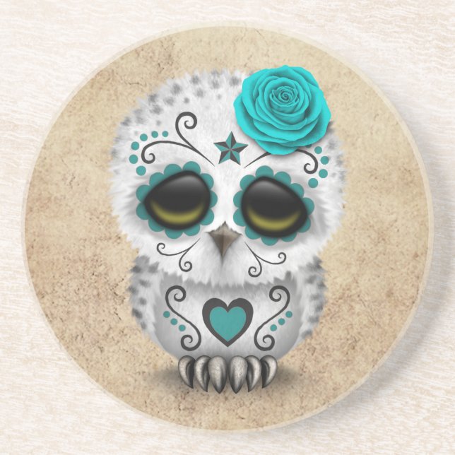 Cute Teal Day of the Dead Sugar Skull Owl Rough Coaster (Front)