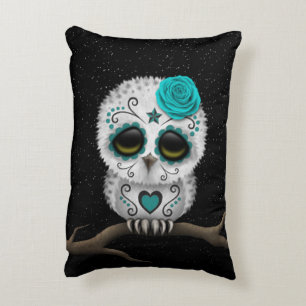 Cute Teal Day of the Dead Sugar Skull Owl Stars Accent Pillow