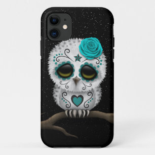 Cute Teal Day of the Dead Sugar Skull Owl Stars iPhone 11 Case