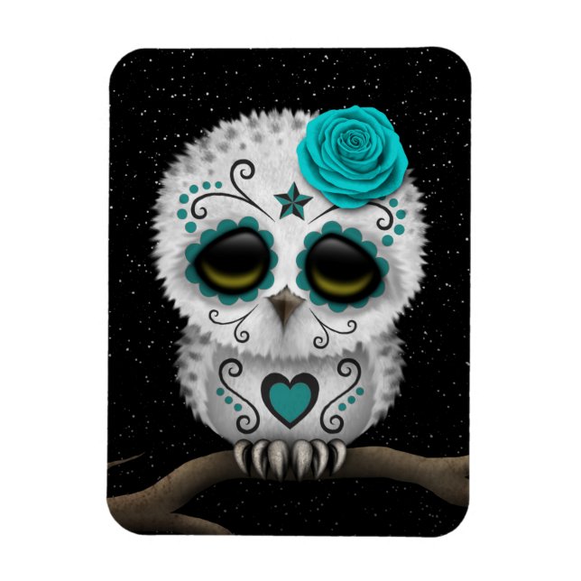 Cute Teal Day of the Dead Sugar Skull Owl Stars Magnet (Vertical)