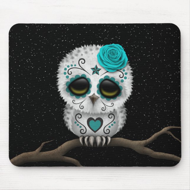 Cute Teal Day of the Dead Sugar Skull Owl Stars Mouse Pad (Front)