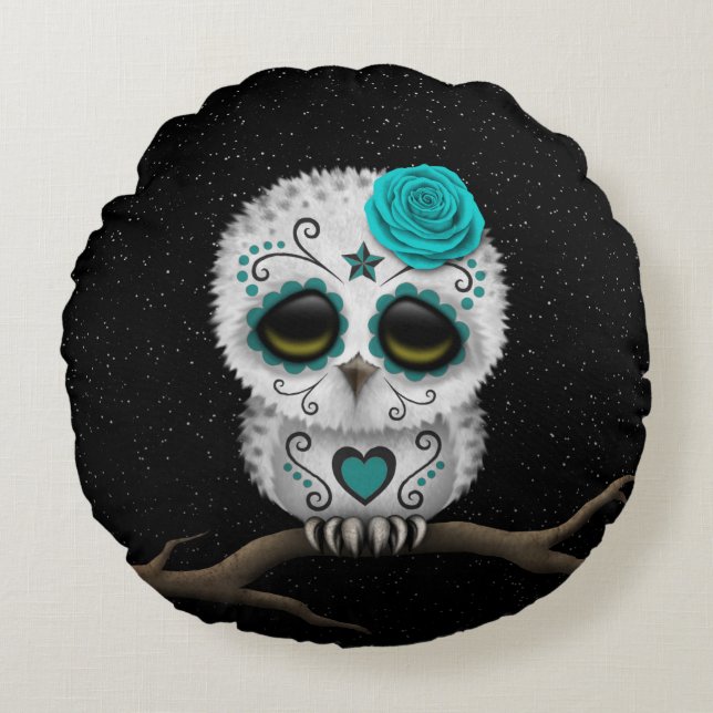 Cute Teal Day of the Dead Sugar Skull Owl Stars Round Pillow (Front)
