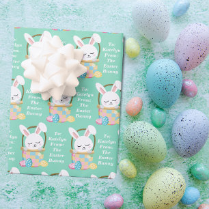 Cute Teal Easter Bunny Personalized Children's Wrapping Paper Sheet