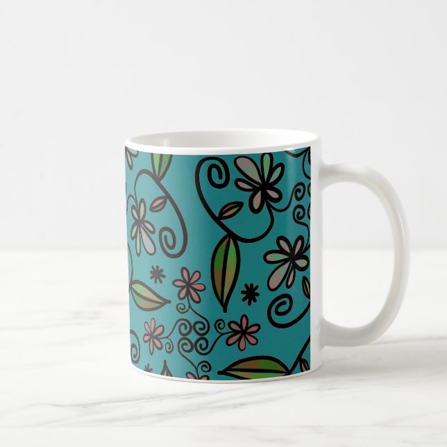 Cute Teal Floral Pattern Coffee Mug (Right)