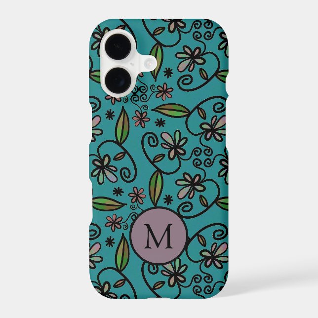 Cute Teal Floral Pattern Monogram (Verso)