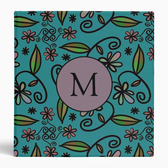 Cute Teal Floral Pattern Monogram Binder (Front)