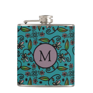 Cute Teal Floral Pattern Monogram Hip Flask