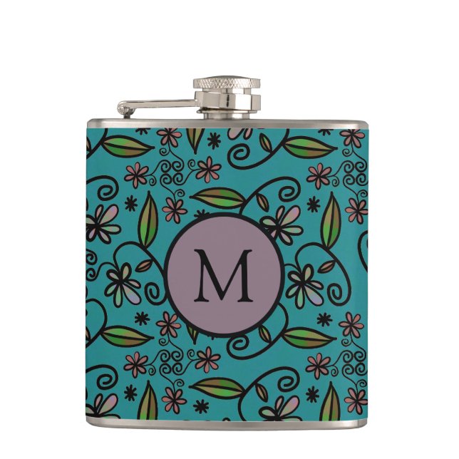 Cute Teal Floral Pattern Monogram Hip Flask (Front)