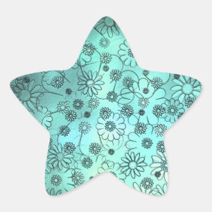 Cute Teal Floral Pattern Star Sticker