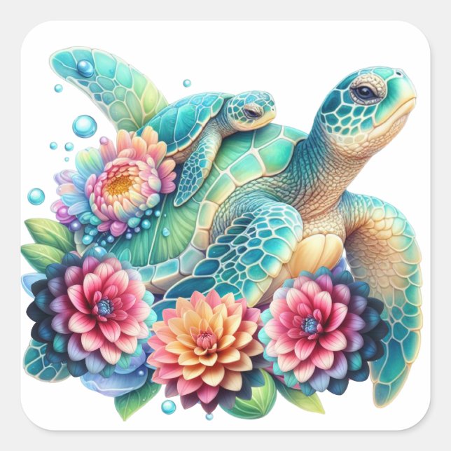 Cute Teal Floral Sea Turtle  Square Sticker (Front)