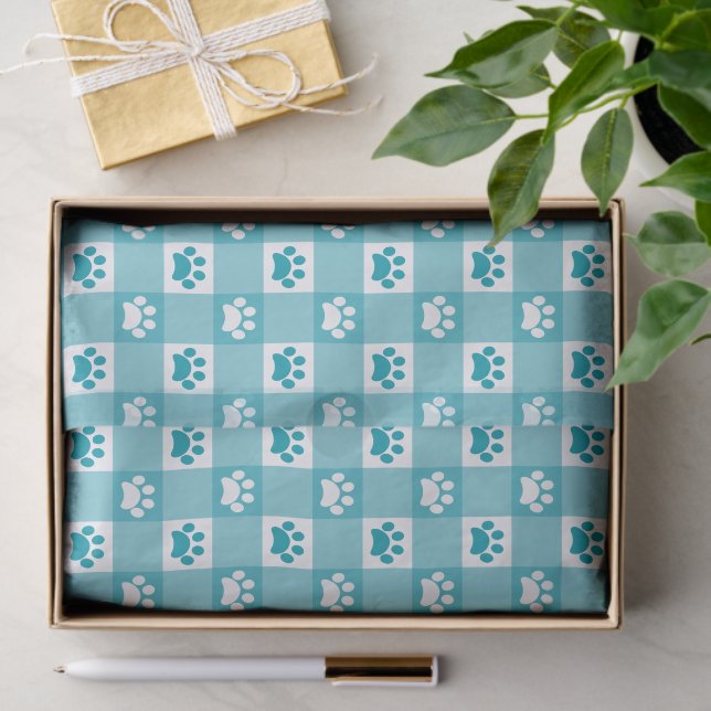Cute Teal Gingham with Paw Prints Tissue Paper (Gift)