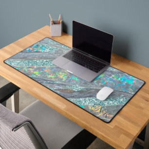 Cute Teal Glitter Holographic Opal Marble Monogram Desk Mat