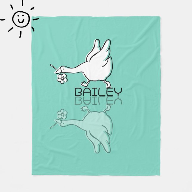 Cute Teal Goose Reflection Doodle Custom Name Fleece Blanket (Creator Uploaded)