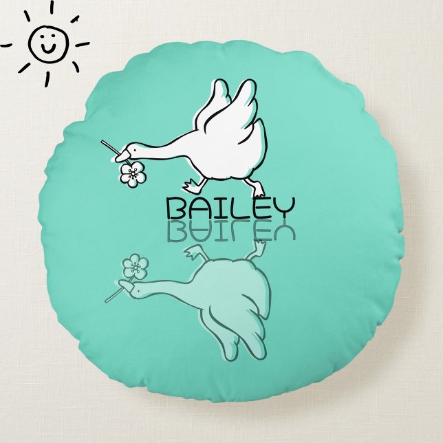 Cute Teal Goose Reflection Doodle Custom Name Round Pillow (Creator Uploaded)