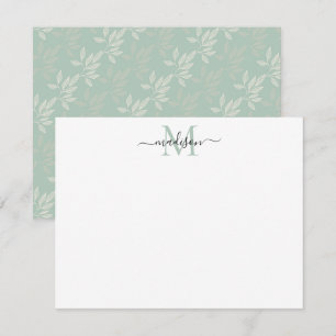 Cute Teal Green Floral Leaves Monogram Script Name Card