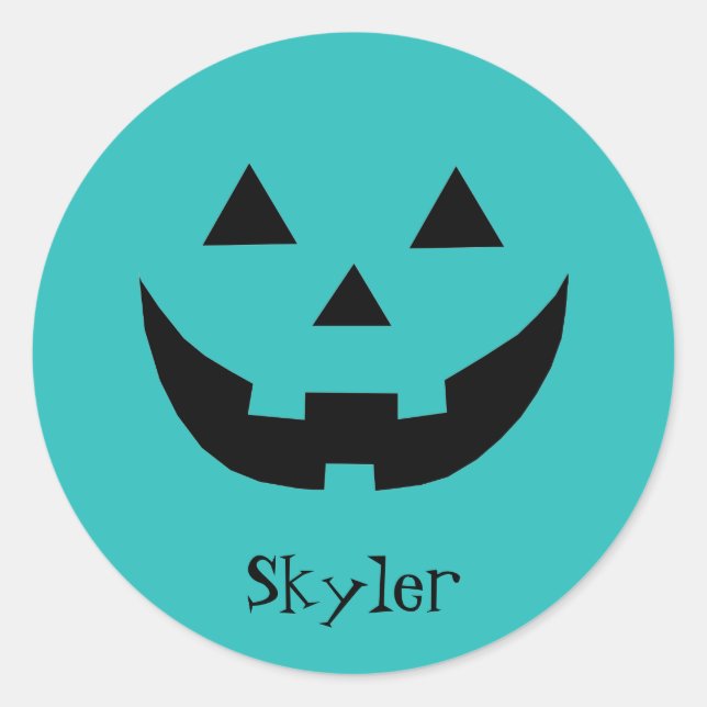 Cute teal Jack o lantern custom name Halloween Classic Round Sticker (Front)