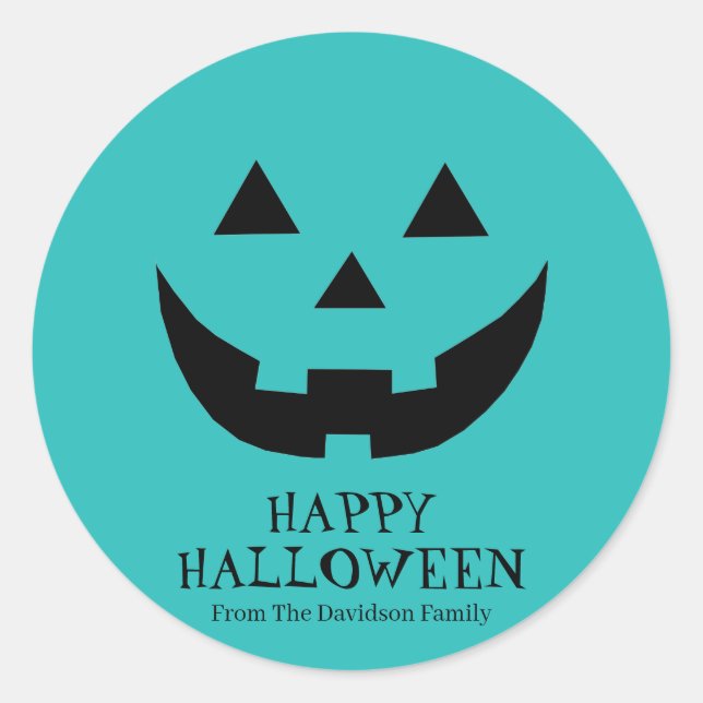 Cute teal Jack o lantern custom text Halloween Classic Round Sticker (Front)