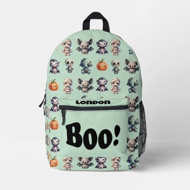 Cute Teal Kids Crochet Halloween Monsters Name Printed Backpack (Front)