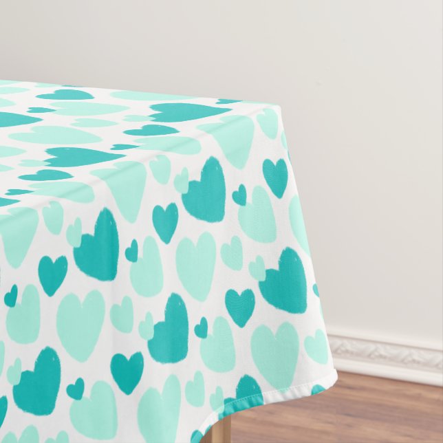 Cute Teal Mint Speckled Heart Pattern Tablecloth (In Situ)