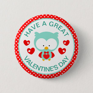Cute Teal Owl and Hearts Valentine's Day 2 Inch Round Button