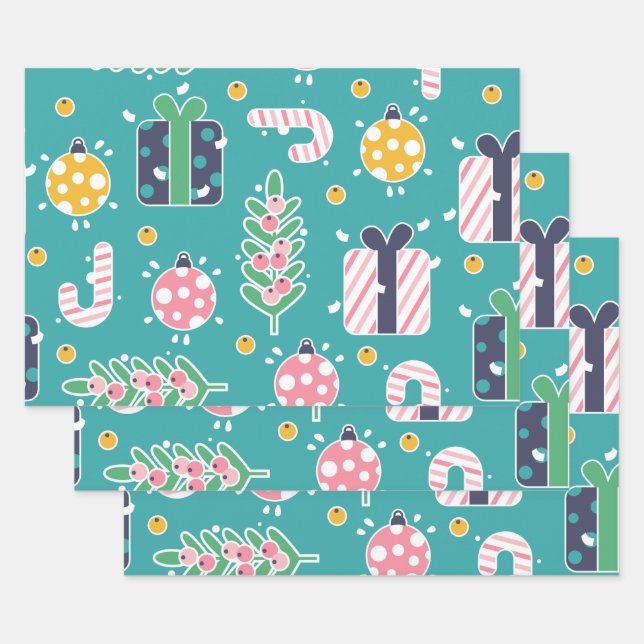 Cute Teal Pink and Yellow Christmas Items Wrapping Paper Sheet (Set)