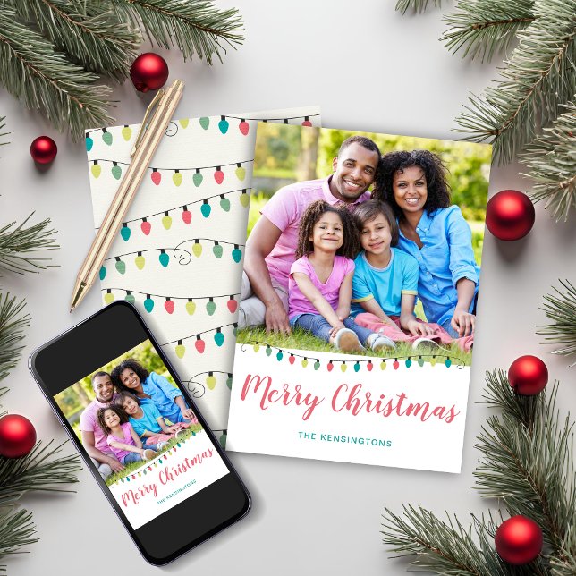 Cute Teal Pink Christmas Lights Holiday Photo (Cute Teal Pink Christmas Lights Holiday Photo Christmas Card)
