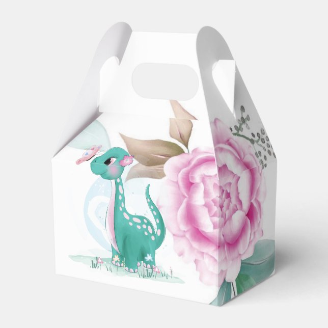 Cute Teal Pink Dinosaur Butterfly Girl Baby Shower Favor Box (Front Side)