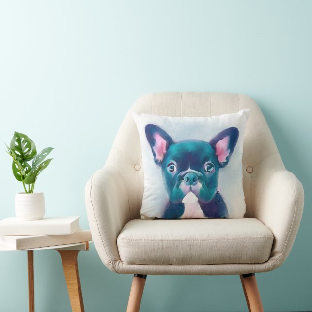 Cute Teal Pink French Bulldog Design Throw Pillow (Chair)