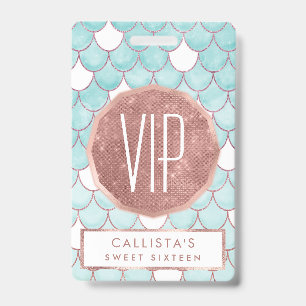 Cute Teal Pink Glitter Watercolor Mermaid Scales Badge