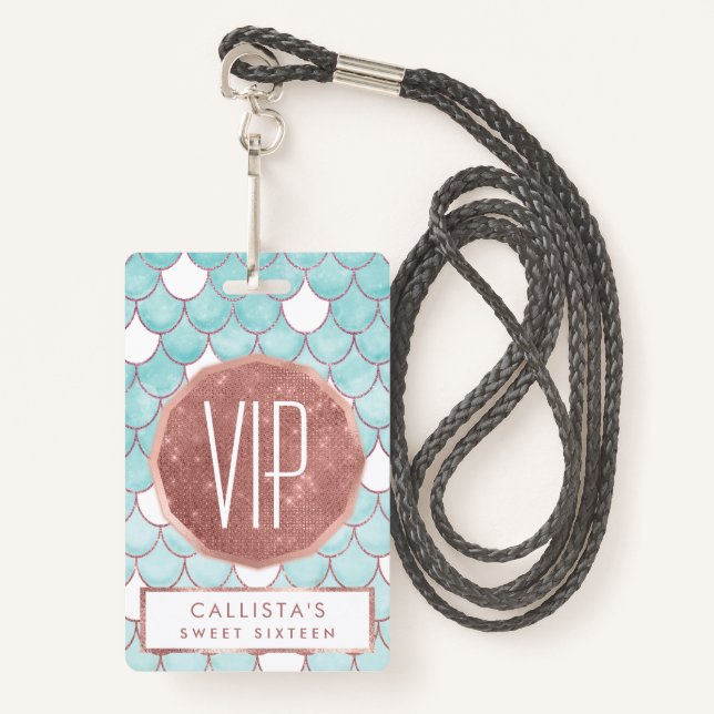 Cute Teal Pink Glitter Watercolor Mermaid Scales Badge (Front with Lanyard)