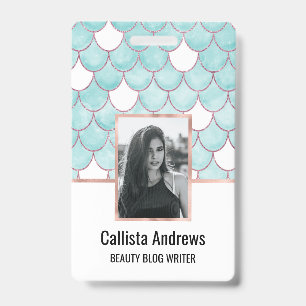 Cute Teal Pink Glitter Watercolor Mermaid Scales Badge