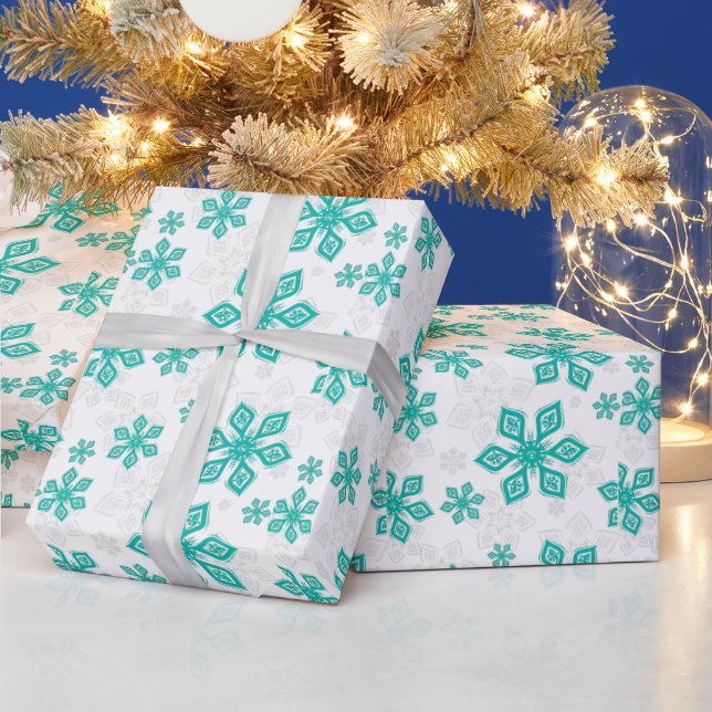 Cute Teal Snowflakes White Christmas Pattern  Wrapping Paper (Holidays)