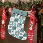 Cute Teal Snowman Large Christmas Stocking<br><div class="desc">Looking for cute Christmas stocking to hang over your fireplace that would that stands out? Take a look at our teal blue Christmas Stocking with a seamless pattern of chequerboard with various graphics like snowmen , snowflake, star, ornaments. It is perfect for anyone but it will look best on kid's...</div>